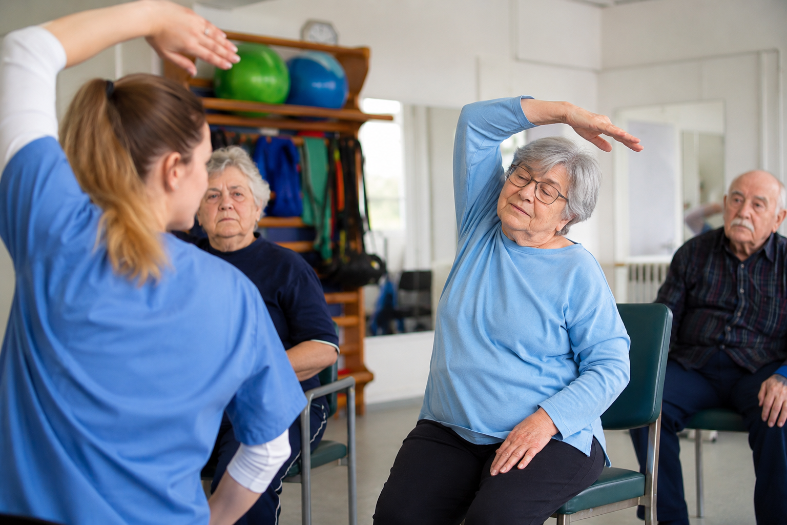 пожилые люди проходят реабилитацию после инфаркта