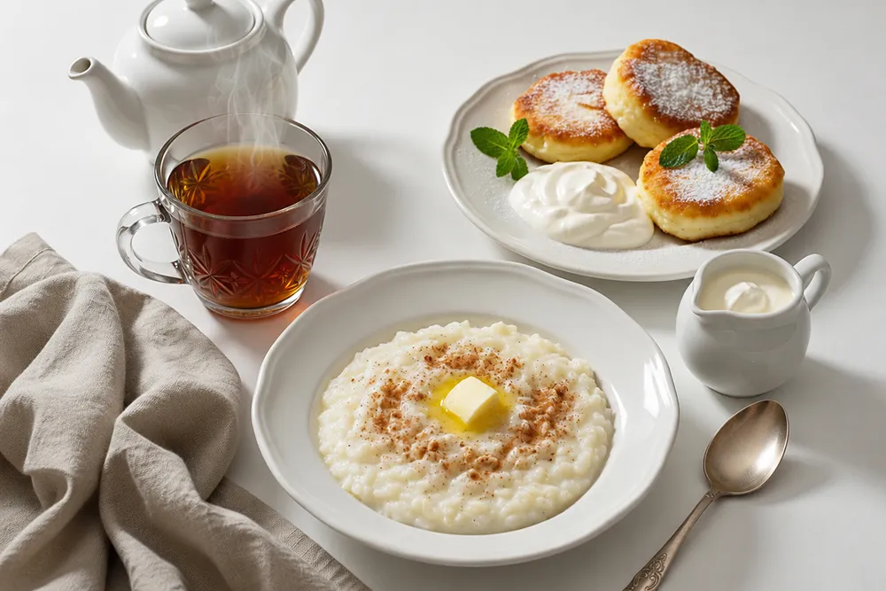 рисовая каша, сырники со сметаной, чай из шиповника
